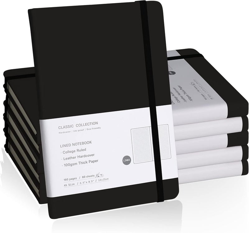 EMOMAS Lined Journal Notebook, 6Pack Hardcover Notebook for Men & Women – Journals for Writing, Work, School, Home & Daily Notes, 160 Pages – Medium A5, 5.7"x8", 100 gsm Thick Paper (Black)​ - Image 1